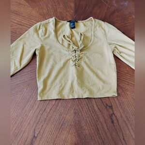 Forever 21 Green Lace-Up Tan Top - Size: 15  (0979)